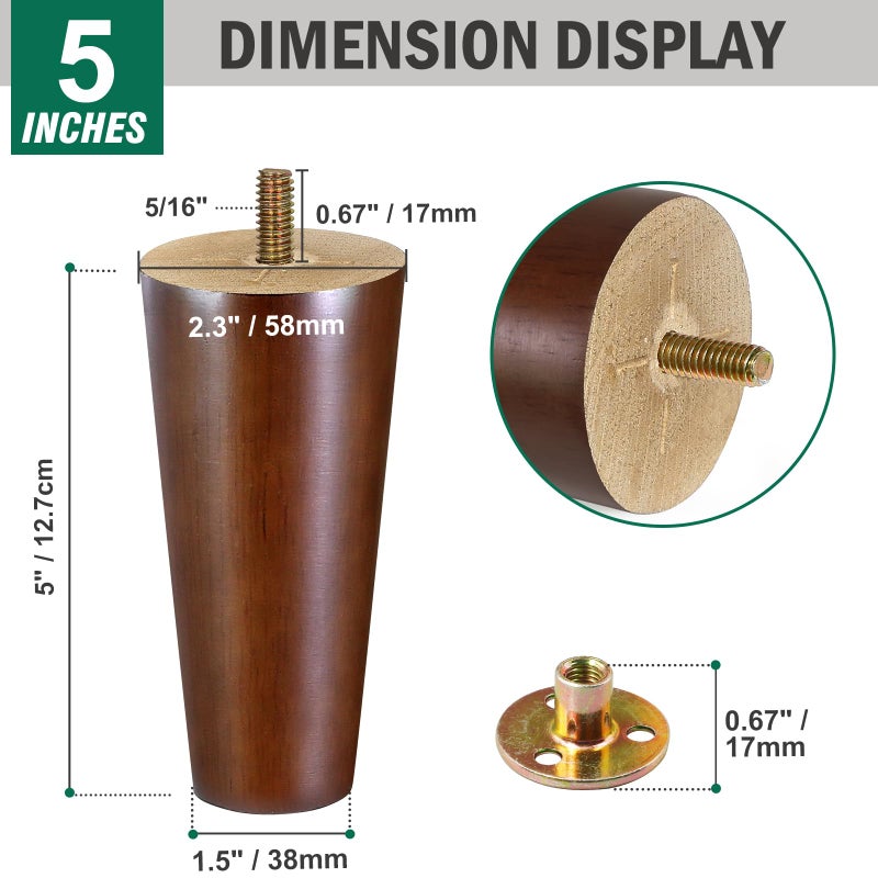 FoDau770 Brown Rubber Wood Furniture Legs 5 Inches, Straight Tapered Wood Feet Mid Century Sofa Legs Set of 4, 5/16"" UNC Furniture Feet Replacement Parts for Cabinet Couch Dresser Chair Ottoman Table - Image 3